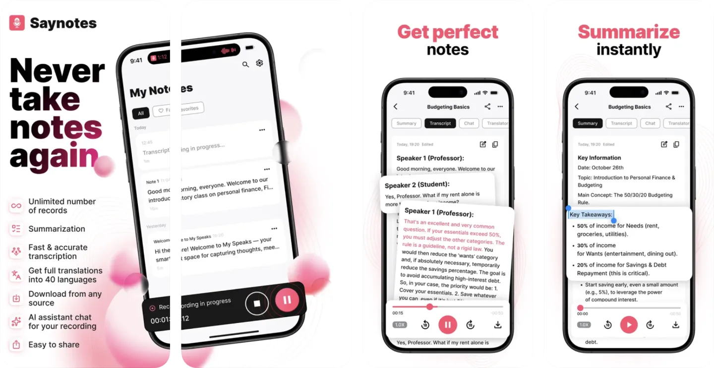 Say Notes: AI Speech to text app listing screenshot