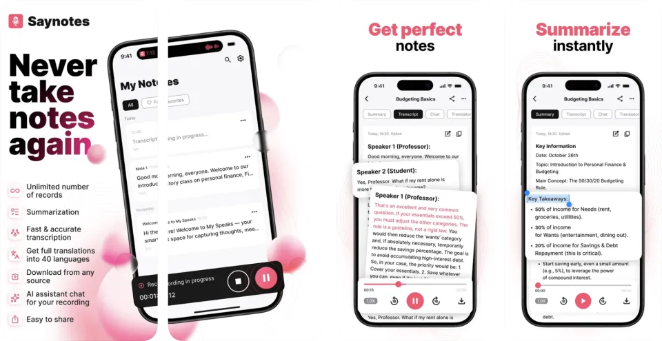 Say Notes: AI Speech to text app listing thumbnail