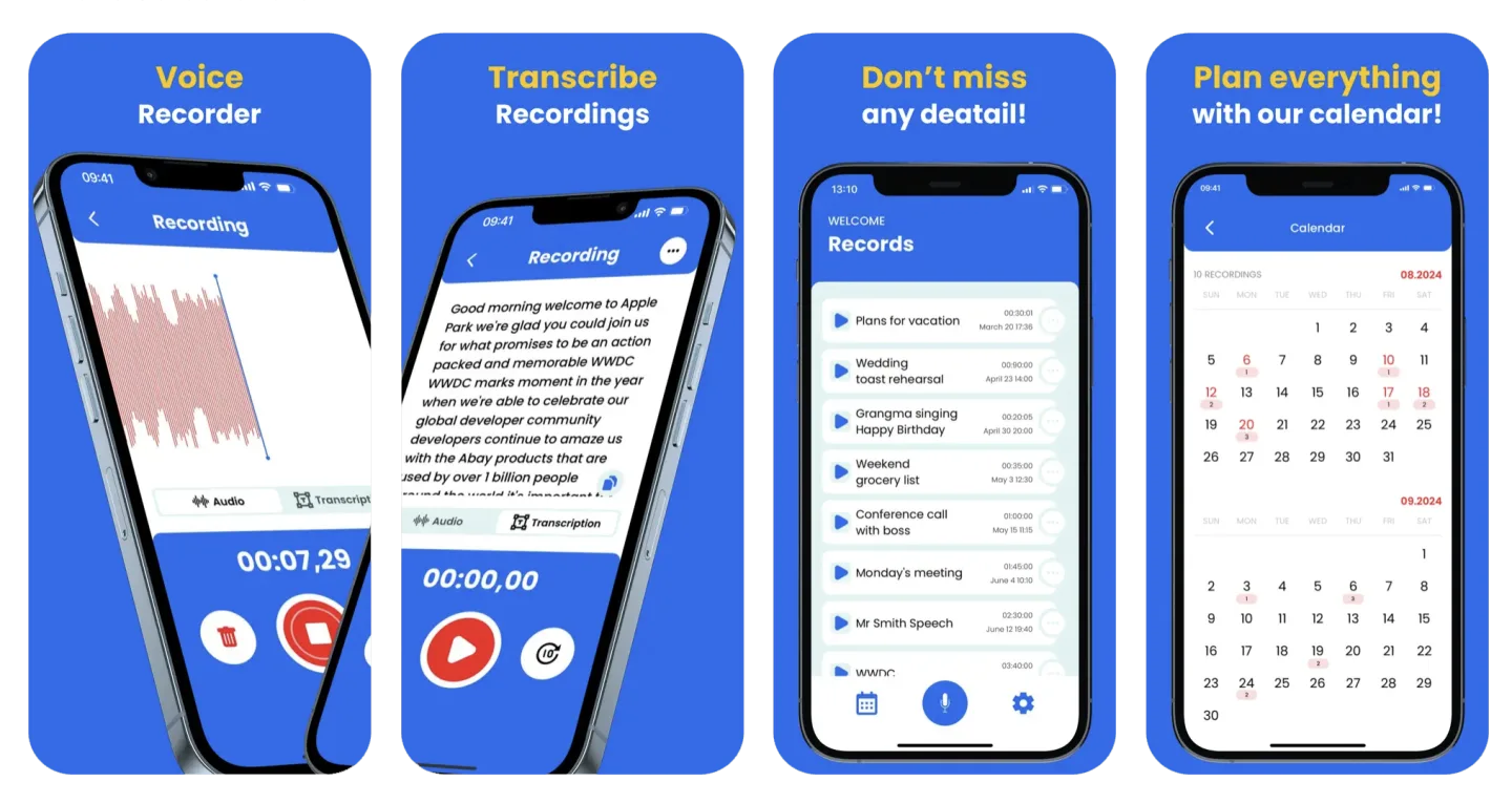 Voice Recorder, Audio Memo: record and transcribe speech to text app listing screenshot